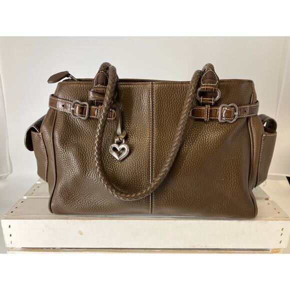 BRIGHTON LARGE BROWN PEBBLED LEATHER BRAIDED SHOULDER BAG - Picture 1 of 16